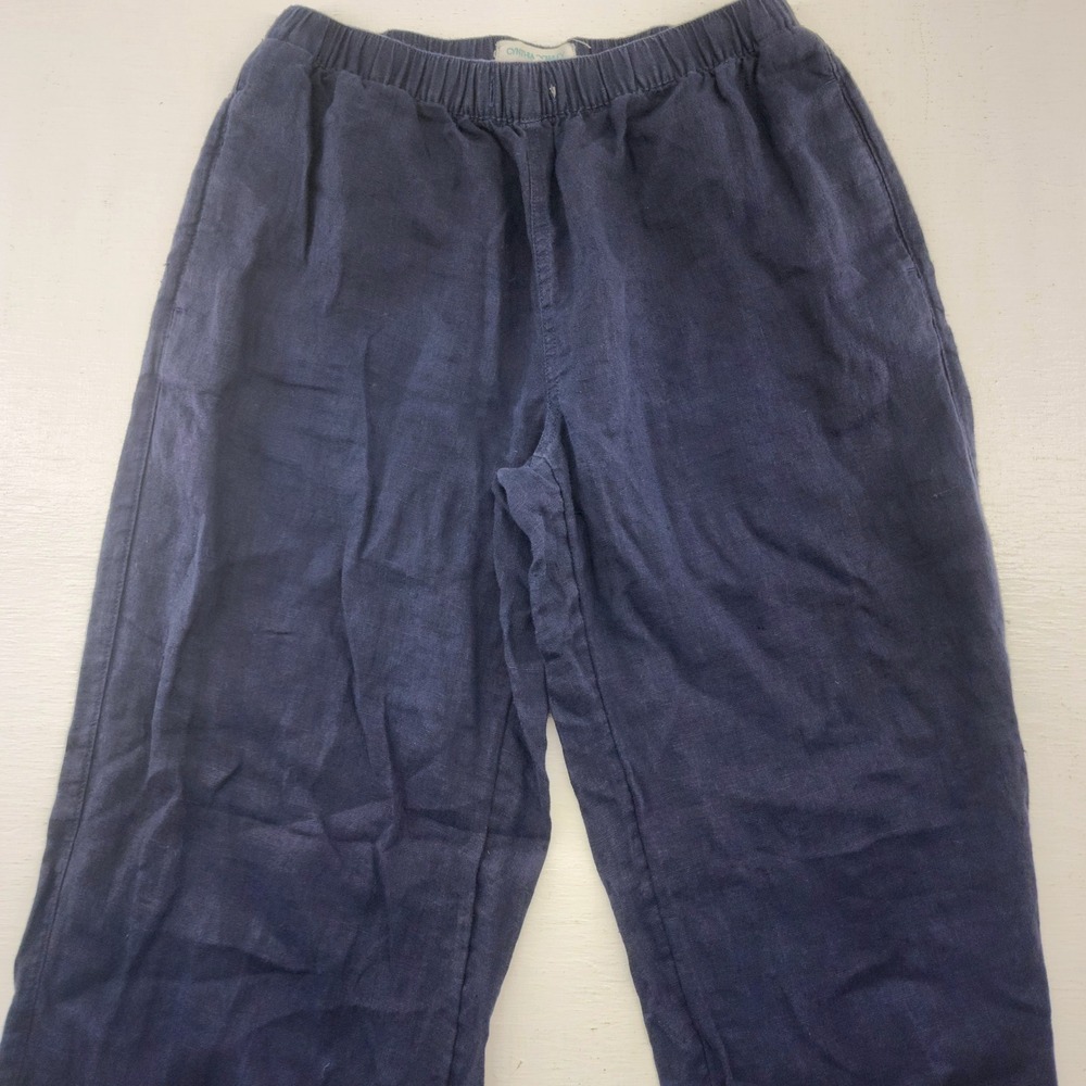Cynthia Rowley Small | Navy Blue 100% Linen Lace Hem Cropped Pants Coastal - Picture 2 of 6